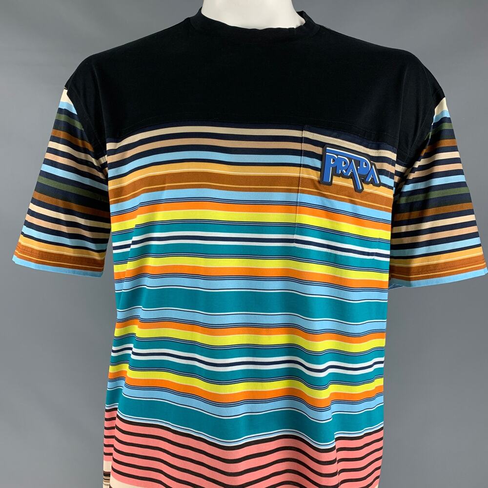 PRADA Size XL Black Multi-Color Stripe Cotton Crew Neck T-shirt - Picture 3 of 8